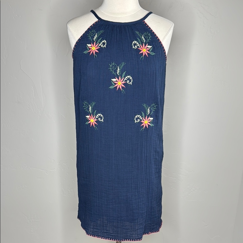 Navy Halter Dress with Floral Embroidery